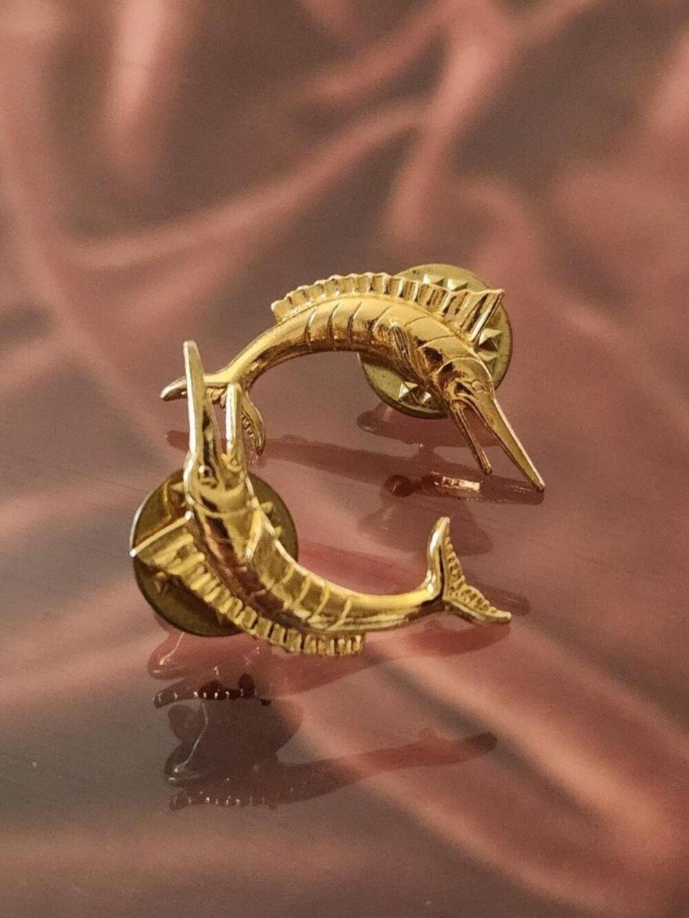 2 Vintage gold-tone swordfish lapel pins/brooches.
